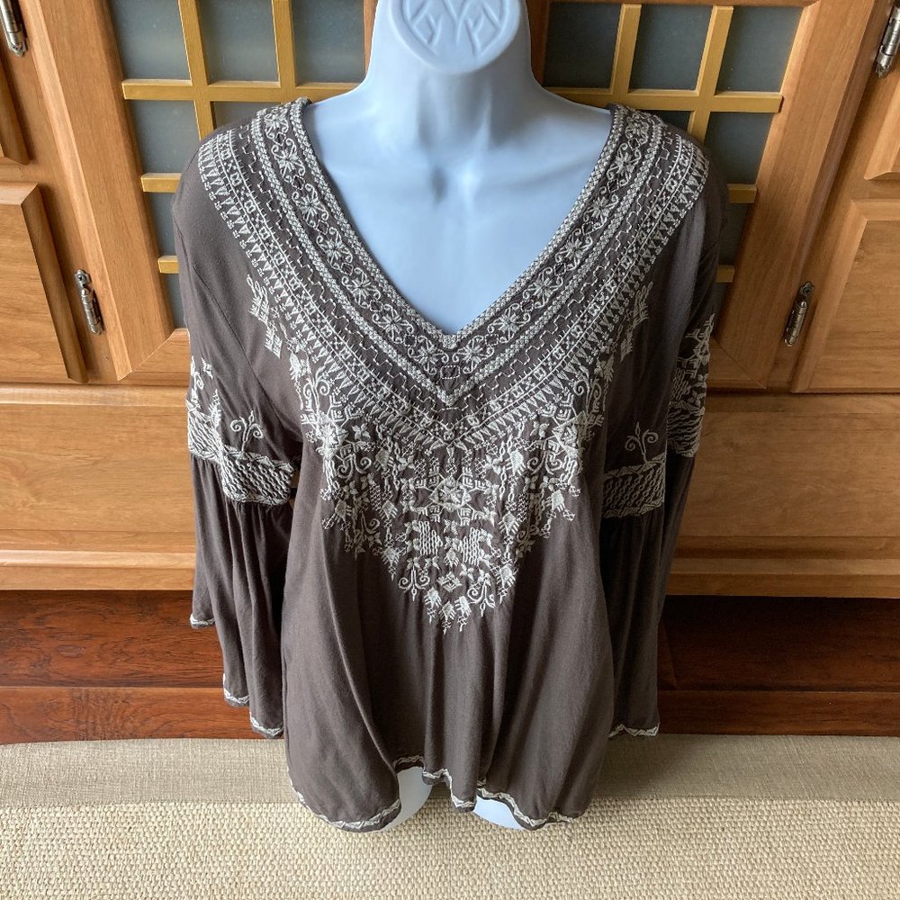 Chelsea & Theodore Taupe Cream  Rayon Boho Peasant Blouse Large Boho